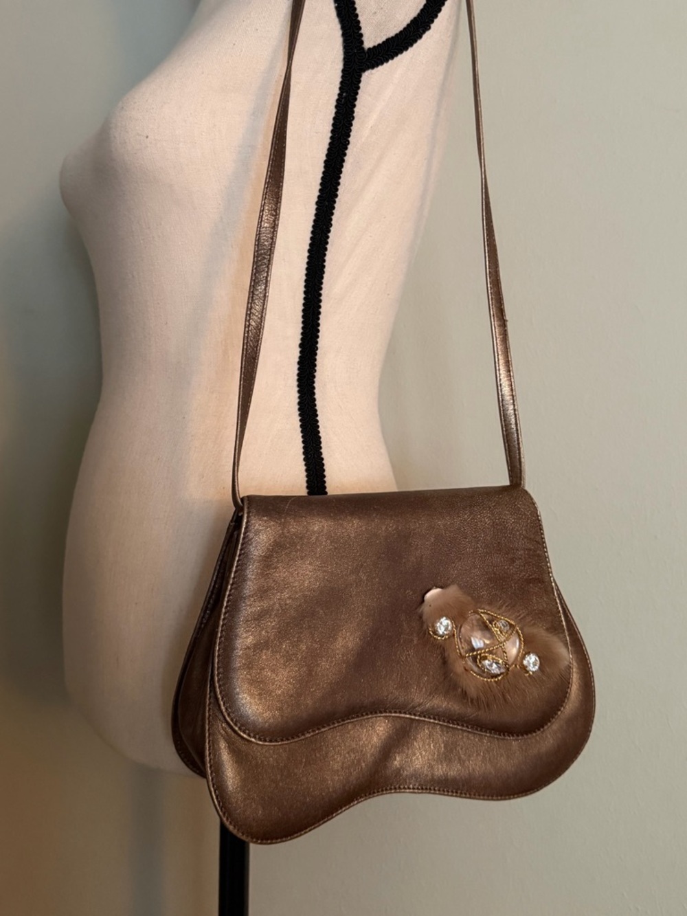 Rene Caovilla | Metallic Bronze Leather Sculptural Shoulder Bag Removable Strap